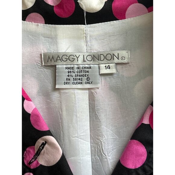 Maggy London Polka Dot Button-Up Jacket Size 14 Black Pink White Lightweight - Picture 4 of 6